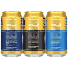 Three Liquid Death iced tea cans with nutrition facts on the back
