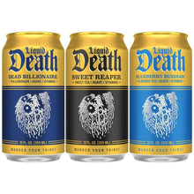 Three Liquid Death flavored iced tea cans with gold and blue labels