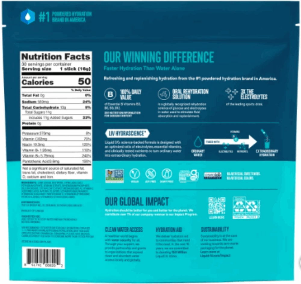 Liquid I.V. Hydration Multiplier, 30 Individual Serving Stick Packs in Resealable Pouch, Lemon Lime