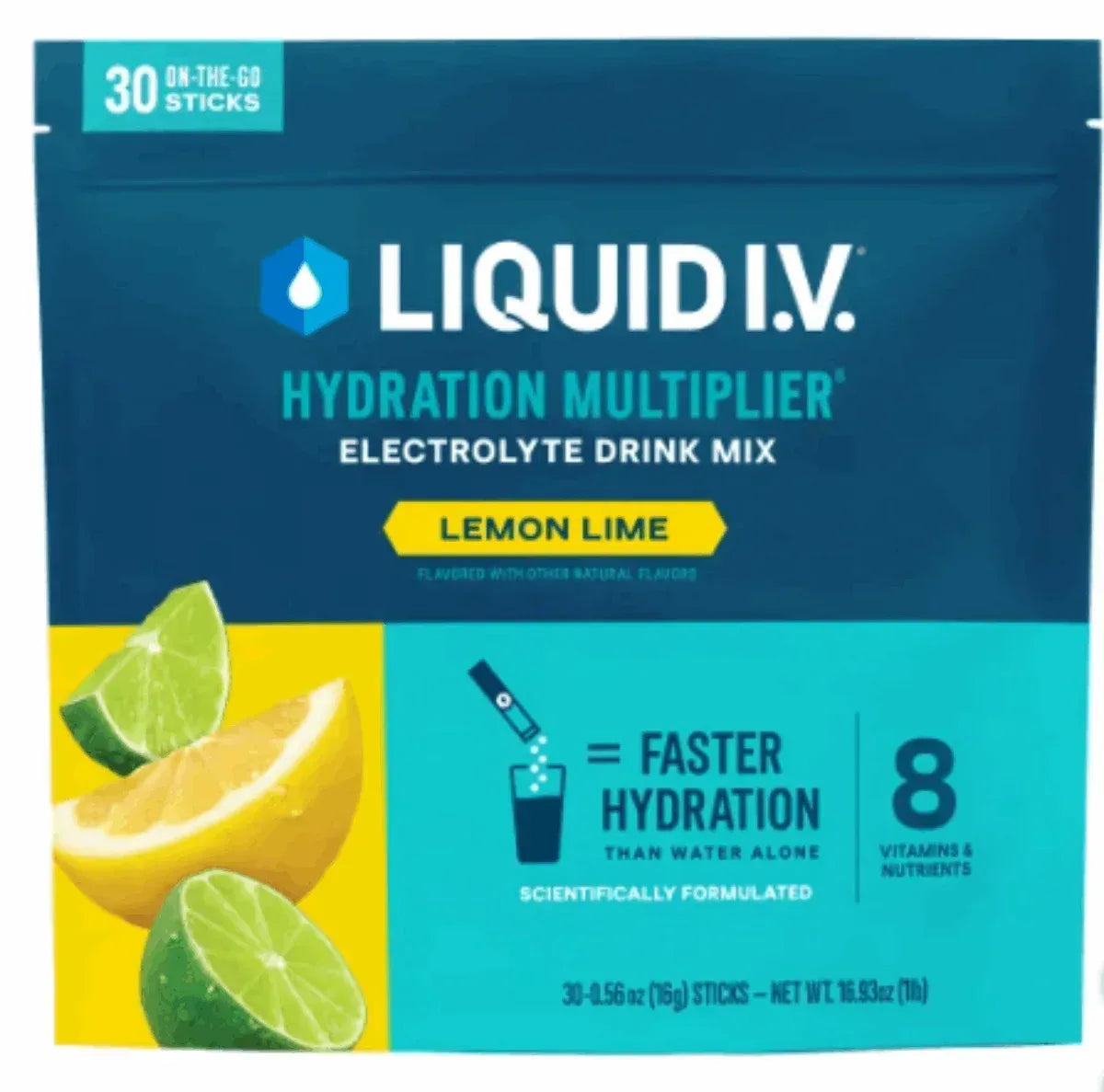 Liquid I.V. Hydration Multiplier, 30 Individual Serving Stick Packs in Resealable Pouch, Lemon Lime