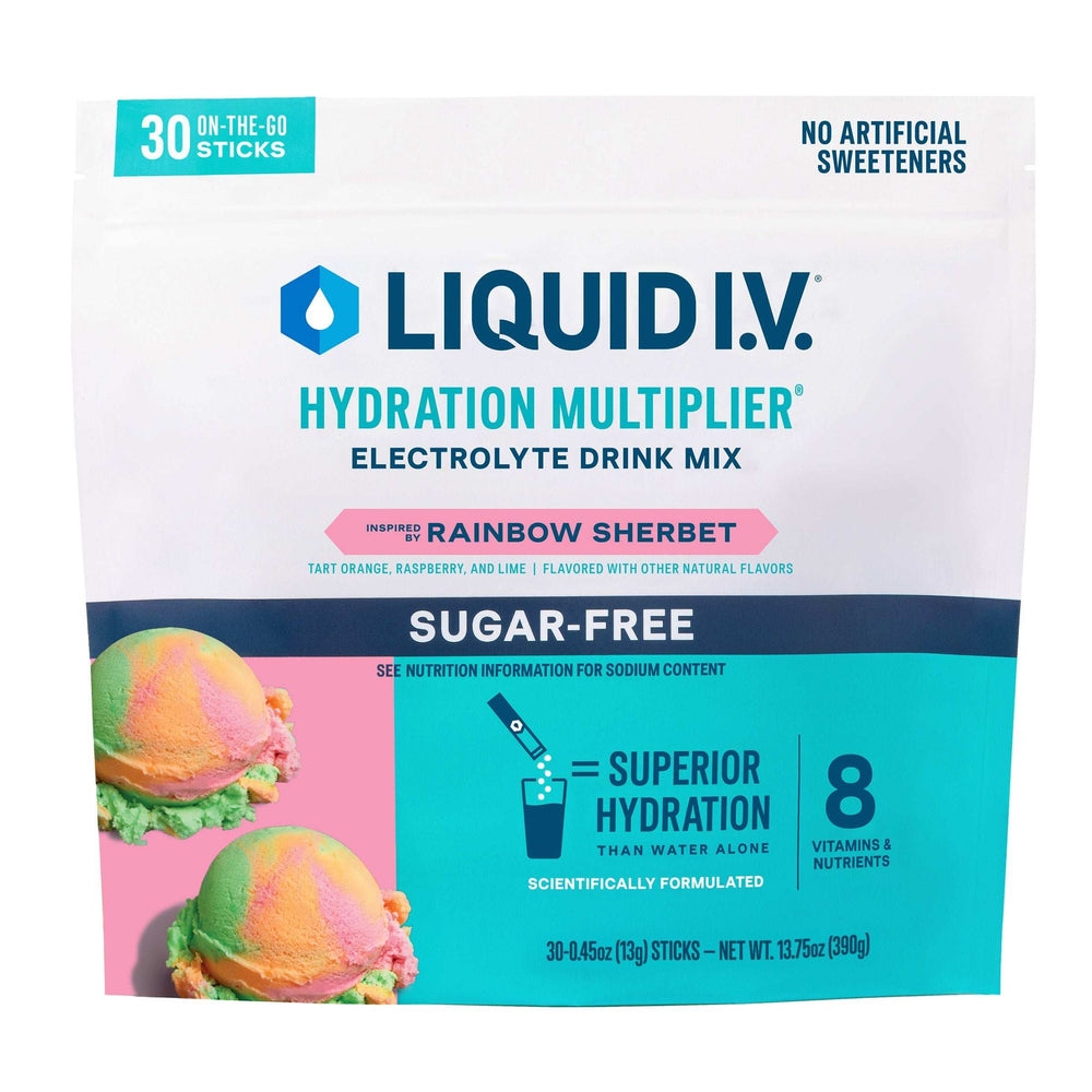 Liquid I.V. Hydration Multiplier, 30 Individual Serving Stick Packs in Resealable Pouch, Sugar Free, Rainbow Sherbet