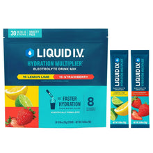 Hydration drink stick pack pouch with two individual sticks, lemon-lime and strawberry