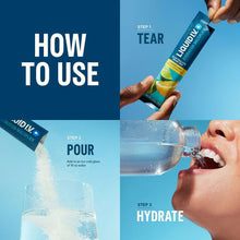 Hydration multiplier instructions with packet and steps to tear, pour, and hydrate