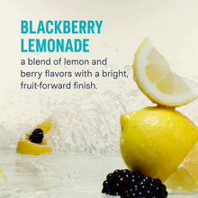 Blackberry lemonade flavor drink mix card with lemon slice and ice.