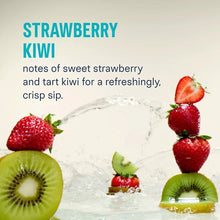 Strawberry kiwi flavor drink mix card with strawberries, kiwi slices, and ice.