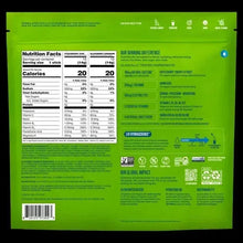 Back panel of sugar-free energy multiplier stick pack pouch with nutrition facts and notes