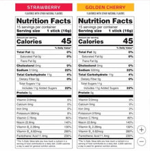Nutrition Facts panels for flavored hydration stick packs: calories 45 per stick