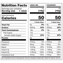 Nutrition facts panel for hydration drink sticks, lemon lime and strawberry serving info
