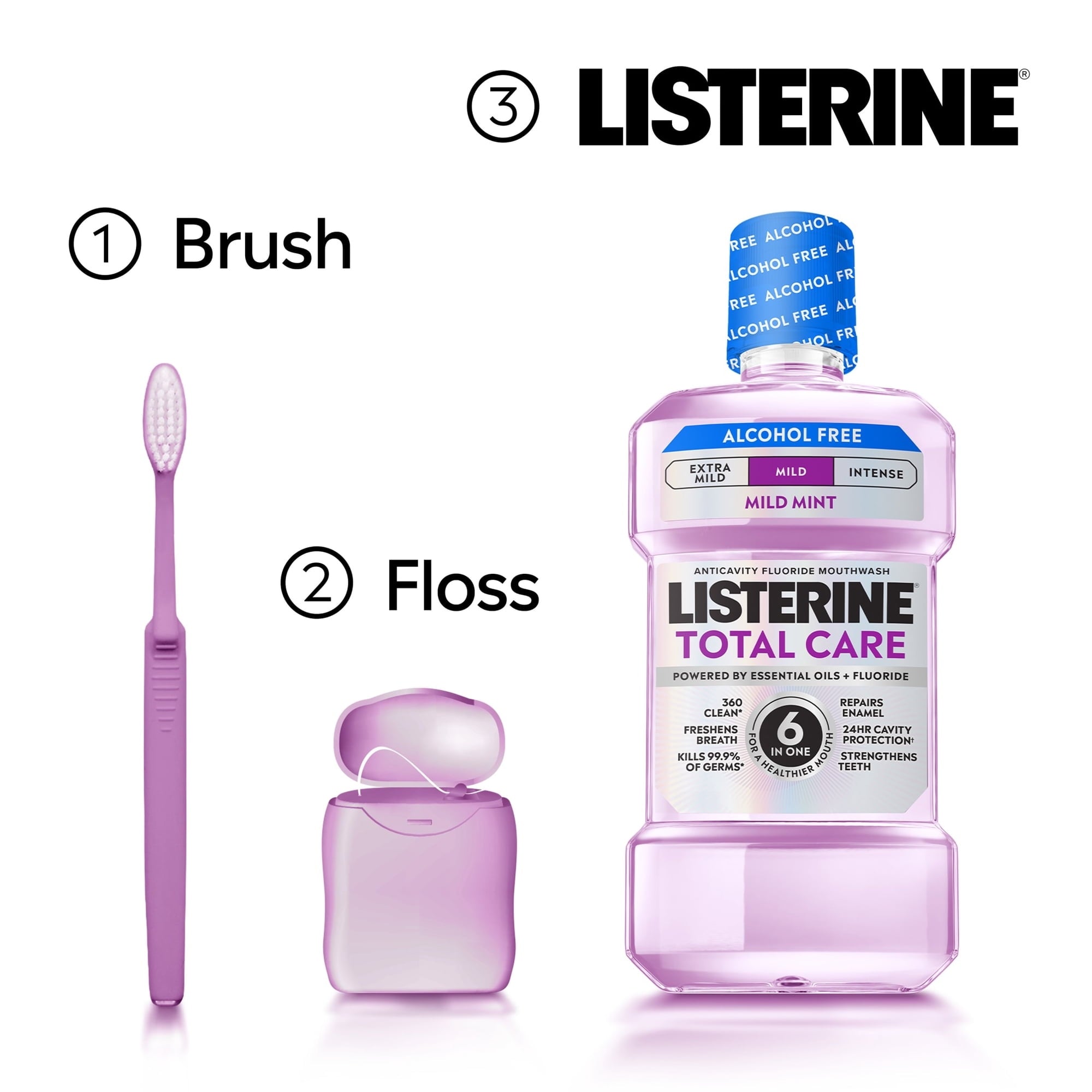 Listerine Total Care Alcohol-Free Mild Mouthwash/Mouth Rinse, Mild Mint, 500 mL (PACK OF 3 )