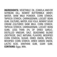 Ingredients list for ranch dressing with vegetable oil, milk, vinegar, and spices
