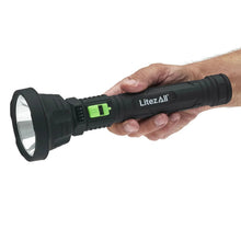 Black LitezAll rechargeable LED flashlight with green battery meter display.