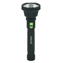 Black LitezAll LED flashlight with clear front lens and green battery meter.