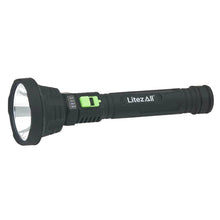 Rechargeable LED flashlight with black body, green battery meter, and wide head lens