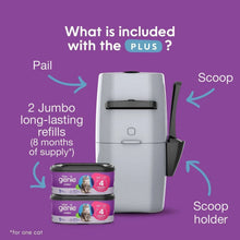 White cat litter disposal pail with scoop and two purple refill containers