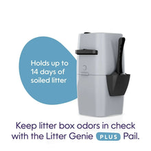 White cat litter waste disposal pail with black lid and scoop holder