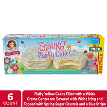 Spring Party Cakes 6-count box: white filling, blue stripe, and spring sugar crystals.