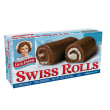 Swiss rolls snack cakes, twin-wrapped in blue Little Debbie box