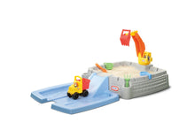 Digger sandbox playset with blue ramps, gray base, red excavator