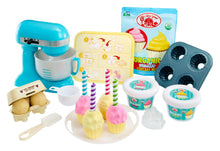 Pretend baker’s kit accessories: blue mixer, molds, cups, and cupcake items