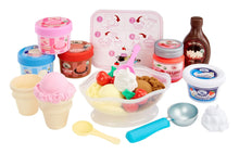 Pretend ice cream making accessories set with scoops, toppings, and containers