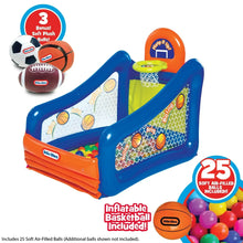 Inflatable blue and orange basketball play center with soft balls and hoop