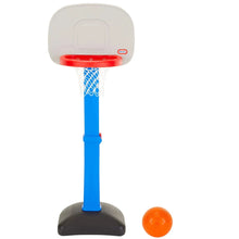 Adjustable kids basketball hoop with red rim and blue pole, black base