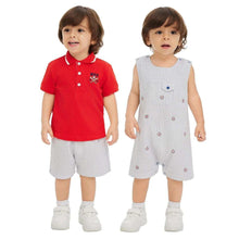 Baby 3-piece set: red polo and striped shorts with striped sleeveless romper