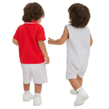 Baby 3-piece set back view: red polo with striped shorts and striped romper