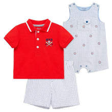 Baby 3-piece set: red polo with button placket and graphic, striped shorts, romper with snaps