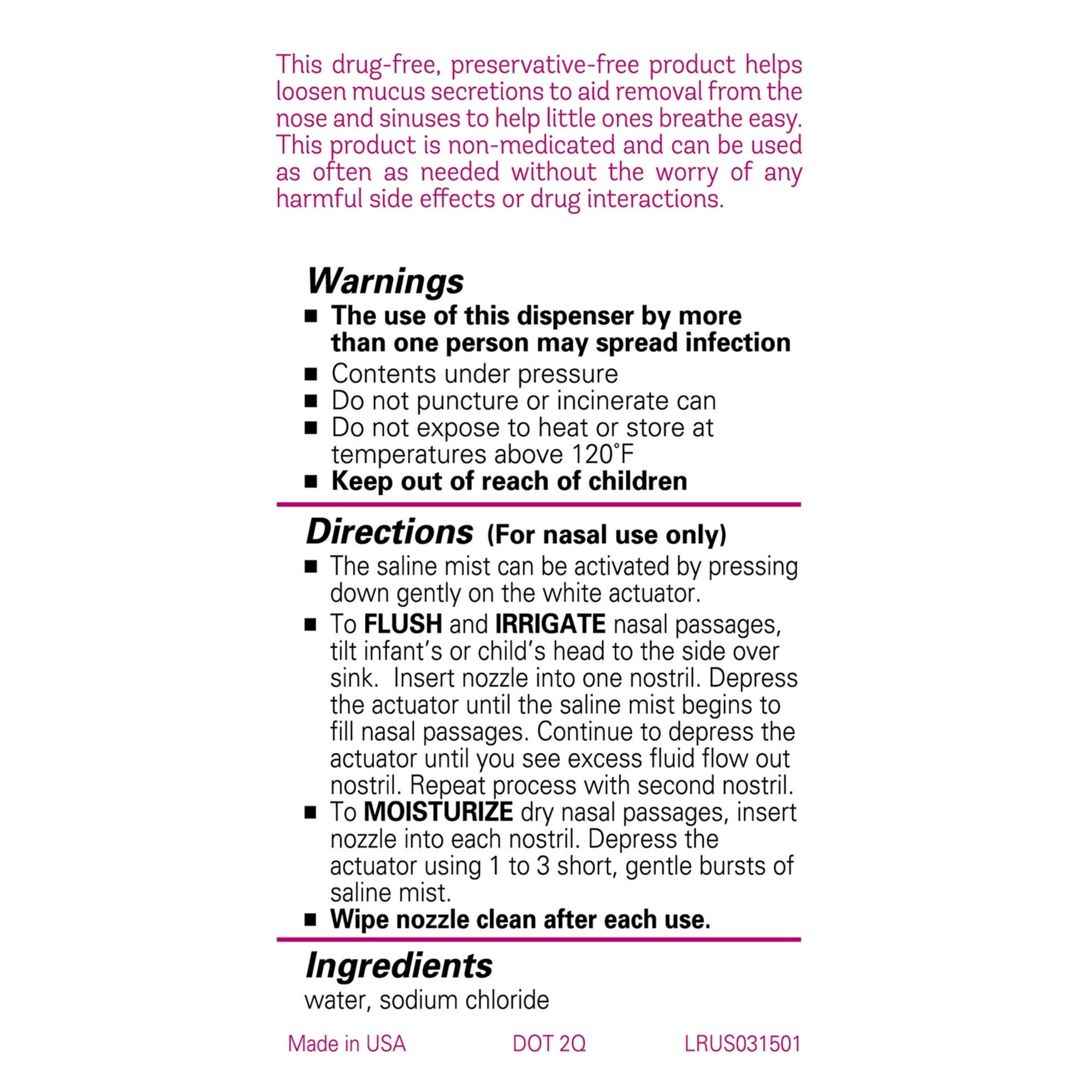 Little Remedies Sterile Saline Nasal Mist for Noses, Breathe Easy, Safe for Newborns, 3 oz