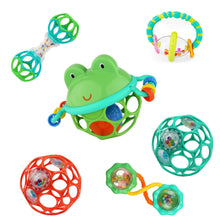 6-piece baby teether set with frog, balls, and linked ring toys in mixed colors