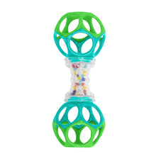 Green double teething toy with stacked ring chambers and bead-filled middle