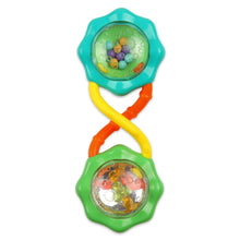 Stacked green and teal teething toys with bead-filled chambers and colorful handles