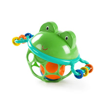 Green frog-shaped teething toy with blue handle, orange accents, and crinkle rings
