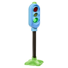 Blue traffic light toy with red, yellow, and green signal lights on stand