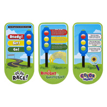 Red light green light race game instruction cards with traffic light icons