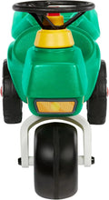 Green ride-on tractor rear view with yellow seat, black tires, and white frame supports