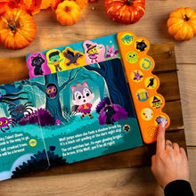 Halloween sound book sound buttons beside illustrated wolf page