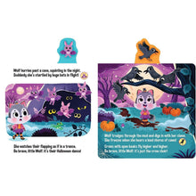 Halloween sound book open spread with bats, rabbits, and Little Wolf in dance pose