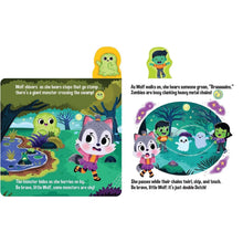 Halloween sound book open spread showing swamp monsters and Little Wolf in pink