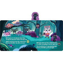Halloween sound book open spread with wolf characters and forest night illustrations