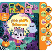 Halloween sound book cover with Little Wolf character and colorful spooky scenes