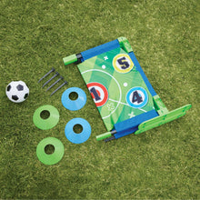 Soccer training mat with net stakes and numbered panels, with ball, cones, and rods