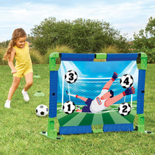 Soccer trainer playset with net and numbered goal graphics, child kicking a soccer ball