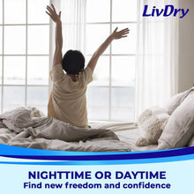 Adult diaper marketing showing a child on a bed with nighttime or daytime message