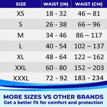 Adult diaper size chart with waist (in/cm) ranges for XS through XXXL