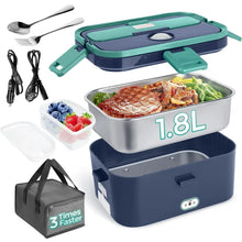 Electric lunch box in green and royal blue with stainless steel inner container, 1.8L
