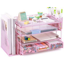 4-tier desktop organizer rack with mesh drawers, pink, for files, notes, and pens