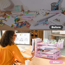 Pink 4-tier desk organizer rack holding stationery, pens, and desk supplies