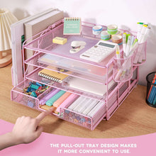 Pink 4-tier desktop organizer with pull-out tray and mesh pen holders
